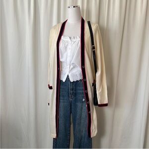 Talbots 100% Merino Wool Long Duster Cardigan  in cream with red trim.